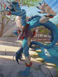 Size: 900x1200 | Tagged: safe, artist:wildering, oc, oc:yubei (furguest772), dragon, eastern dragon, fictional species, anthro, 2022, blue body, blue hair, bridge, clothes, green eyes, hair, horns, jewelry, kicking, leg wraps, loincloth, long tail, looking at you, motion lines, outdoors, partial nudity, plant, raised leg, reptile feet, reptile soles, soles, tail, topless, tree, white body, wraps