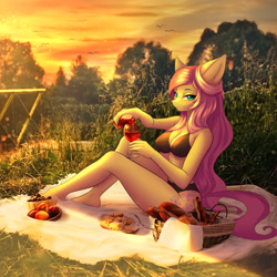 Size: 1272x1272 | Tagged: safe, artist:hellcat120, fluttershy (mlp), equine, fictional species, mammal, pegasus, pony, anthro, plantigrade anthro, friendship is magic, hasbro, my little pony, 2022, alcohol, anthrofied, barefoot, basket, bra, breasts, cleavage, clothes, container, cutie mark, drink, eyebrows, eyelashes, female, hair, mane, mare, outdoors, panties, picnic, picnic basket, picnic blanket, pink hair, pink mane, pink tail, pouring, sitting, solo, solo female, tail, underwear, wine, wine glass, wingless anthro, yellow body