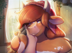 Size: 3750x2750 | Tagged: safe, artist:ardail, marion (changeling tale), bovid, cattle, cow, human, mammal, anthro, changeling tale, 2022, amber eyes, brown body, brown fur, brown hair, caress, digital art, ears, female, fur, hair, hand, horns, indoors, looking at you, male, smiling, touching face, window