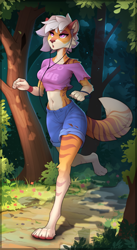 Size: 1350x2460 | Tagged: safe, artist:yakovlev-vad, oc, oc only, oc:ketty, cat, feline, mammal, anthro, digitigrade anthro, art fight, 2022, artfight2022, barefoot, belly button, bottomwear, breasts, clothes, cute, cute little fangs, detailed background, digital art, earphones, ears, eyelashes, fangs, female, forest, fur, hair, high res, jogging, open mouth, pink nose, plant, shirt, shorts, solo, solo female, tail, teeth, thighs, tongue, tongue out, topwear, tree, wide hips