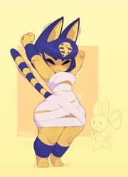 Size: 1562x2172 | Tagged: safe, artist:huffslove, ankha (animal crossing), cat, feline, mammal, anthro, animal crossing, nintendo, 2022, border, female, solo, solo female, stretching, tail, thick thighs, thighs, wide hips