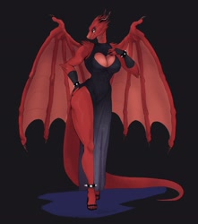 Size: 1809x2048 | Tagged: safe, artist:gee_zz, dragon, fictional species, anthro, 2022, boob window, breasts, cleavage, clothes, dragon wings, dragoness, dress, female, horns, huge breasts, red scales, scales, side slit, solo, solo female, tail, thick thighs, thighs, wide hips, wings