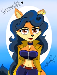 Size: 540x720 | Tagged: safe, artist:aresfire_rj, carmelita fox (sly cooper), canine, fox, mammal, anthro, sly cooper (series), clothes, crop top, female, solo, solo female, topwear