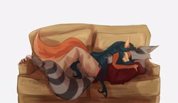 Size: 2048x1198 | Tagged: safe, artist:remachemapache, carmelita fox (sly cooper), sly cooper (sly cooper), canine, fox, mammal, procyonid, raccoon, sly cooper (series), duo, female, male, male/female, napping