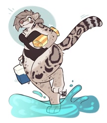 Size: 1080x1251 | Tagged: safe, artist:sorimmori, big cat, feline, mammal, snow leopard, anthro, clothes, female, one-piece swimsuit, partially submerged, running, solo, solo female, swimsuit, tail, thick thighs, thighs, water, wide hips
