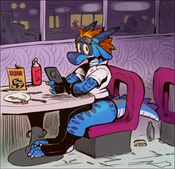 Size: 1730x1677 | Tagged: safe, artist:stalvelle, fictional species, kobold, reptile, anthro, diner, horns, male, sitting, solo, solo male, tail