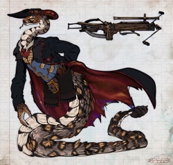 Size: 2103x2000 | Tagged: safe, artist:the_dawner, fictional species, reptile, snake, anthro, naga, cloak, clothes, crossbow, forked tongue, hat, headwear, male, scales, solo, solo male, tongue, tongue out, weapon