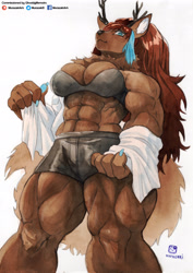 Size: 2456x3474 | Tagged: safe, artist:murazaki9, cervid, deer, mammal, anthro, abs, antlers, big breasts, bottomwear, bra, breasts, clothes, female, muscles, muscular female, shorts, solo, solo female, thick thighs, thighs, thunder thighs, underwear, watercolor painting