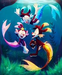 Size: 1689x2040 | Tagged: safe, artist:le-poofe, dot warner (animaniacs), wakko warner (animaniacs), yakko warner (animaniacs), animaniac (species), fictional species, fish, mammal, anthro, animaniacs, warner brothers, 2021, animaniacs (2020), black body, black fur, brother, brother and sister, brothers, bubbles, eyes closed, female, fins, fish tail, fur, group, male, merman, mermay, red nose, sharp teeth, siblings, sister, tail, teeth, trio, underwater, water, webbed hands