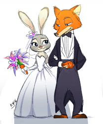 Size: 1080x1300 | Tagged: safe, artist:kaiyunyang, judy hopps (zootopia), nick wilde (zootopia), canine, fox, lagomorph, mammal, rabbit, disney, zootopia, bouquet, carrot, clothes, cute, dress, female, food, holding arm, looking at each other, male, male/female, shipping, tuxedo, vegetables, wedding dress, wildehopps (zootopia)