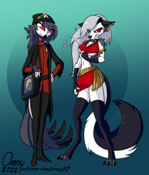 Size: 1200x1408 | Tagged: safe, artist:omny87, loona (vivzmind), octavia (vivzmind), bird, bird of prey, canine, demon, fictional species, hellhound, mammal, owl, anthro, digitigrade anthro, hazbin hotel, helluva boss, star trek, angry, big breasts, breasts, clothes, cosplay, crop top, duo, feathers, female, legwear, mini skirt, tail, tail feathers, teenager, thick thighs, thighs, toeless legwear, topwear, underboob, wide hips