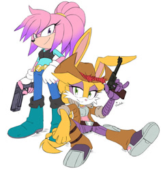 Size: 600x635 | Tagged: safe, artist:drawloverlala, bunnie rabbot (sonic), julie-su the echidna (sonic), echidna, lagomorph, mammal, monotreme, rabbit, archie sonic the hedgehog, sega, sonic the hedgehog (series), 2020, alternate hairstyle, belt, boots, clothes, commission, cowboy hat, duo, eyelashes, female, gloves, gun, hair, handgun, hat, headwear, jacket, looking at you, pistol, robotic limbs, shoes, simple background, smiling, topwear, weapon, white background, white gloves