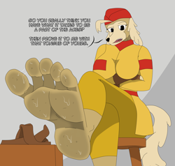 Size: 3999x3800 | Tagged: suggestive, artist:raidenthedeoxys, sergeant o'fera (cuphead), canine, dog, mammal, saluki, anthro, plantigrade anthro, cuphead, dialogue, dirty feet, feet, female, fetish, foot fetish, foot focus, looking at you, offscreen character, pov, solo, solo female, sweaty feet, talking, talking to viewer, text