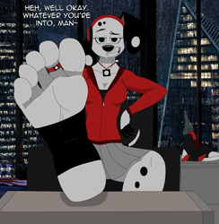 Size: 3896x3999 | Tagged: suggestive, artist:raidenthedeoxys, dj (101 dalmatian street), canine, dalmatian, dog, mammal, anthro, plantigrade anthro, 101 dalmatian street, 101 dalmatians, disney, 101 dalmatian feet, barefoot, dialogue, dj, feet, female, fetish, foot fetish, foot focus, grin, looking at you, offscreen character, older, pov, rule 63, solo, solo female, talking, teasing, text