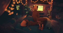 Size: 2048x1080 | Tagged: suggestive, artist:kalahari, oc, oc only, oc:juno (kalahari), canine, fox, mammal, anthro, nintendo, nintendo switch, bed, blonde hair, brown body, brown fur, butt, cell phone, digital art, ears, female, fur, hair, indoors, night, nudity, paw pads, paws, phone, smartphone, socks (leg marking), solo, solo female, tail, television, underpaw, video game