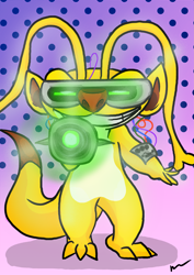 Size: 2893x4092 | Tagged: safe, artist:greenkat, sparky (lilo & stitch), alien, experiment (lilo & stitch), fictional species, disney, lilo & stitch, 3 toes, antennae, cybernetics, cyberpunk, dipstick tail, forked antennae, glowing, grin, long antennae, looking at you, solo, tail, weapon, yellow body