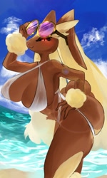 Size: 900x1500 | Tagged: safe, artist:kadomarco, fictional species, lopunny, mammal, anthro, nintendo, pokémon, 2022, absolute cleavage, almost nude, beach, breasts, cleavage, clothes, female, glasses, huge breasts, nudity, partial nudity, round glasses, see-through, solo, solo female, sunglasses, swimsuit, thick thighs, thighs, water, wide hips