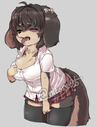 Size: 690x900 | Tagged: safe, artist:nitose25, canine, dog, mammal, anthro, big breasts, bottomwear, breasts, clothes, female, school uniform, schoolgirl, shirt, skirt, solo, solo female, tail, thick thighs, thighs, topwear