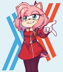 Size: 831x962 | Tagged: dead source, safe, artist:xtibbi, amy rose (sonic), hedgehog, mammal, anthro, sega, sonic the hedgehog (series), abstract background, bottomwear, breasts, clothes, dress, female, gloves, green eyes, hair, looking at you, pink hair, smiling, solo, solo female