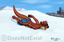 Size: 2000x1333 | Tagged: safe, artist:doesnotexist, oc, oc:bryce daeless, oc:bryce daeless (otter), eurasian river otter, mammal, mustelid, otter, anthro, digitigrade anthro, bottomwear, brown body, brown fur, building, clothes, countershading, eyes closed, forest, fur, goggles, high res, male, open mouth, open smile, sharp teeth, shorts, signature, sliding, smiling, snow, solo, solo male, spotted fur, subscribestar, tail, tan body, tan fur, teeth, tongue, watermark