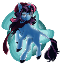 Size: 1500x1591 | Tagged: safe, artist:allyclaw, equine, fictional species, mammal, pony, unicorn, art fight, friendship is magic, hasbro, my little pony, artfight2022, beanie, clothes, floating, glasses, large glasses, round glasses, scarf, unicorn tail