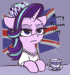 Size: 1875x2000 | Tagged: safe, artist:t72b, starlight glimmer (mlp), equine, fictional species, mammal, pony, unicorn, feral, friendship is magic, hasbro, my little pony, 2022, 4th of july, british, clothes, container, cup, dress, female, floppy ears, headwear, holiday, horn, jewelry, mare, necklace, pearl necklace, regalia, sitting, solo, solo female, teacup, tiara, unamused, union jack, united kingdom