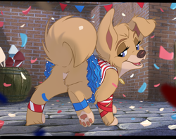 Size: 2900x2300 | Tagged: safe, artist:wugi, angel (lady and the tramp), canine, dog, mammal, mutt, feral, disney, lady and the tramp, 2d, 4th of july, bedroom eyes, brown nose, butt, cheek fluff, ear fluff, fangs, female, fluff, fur, head fluff, holiday, looking at you, looking back, looking back at you, one leg raised, open mouth, outdoors, paw pads, paws, purple eyes, raised leg, raised tail, rear view, sharp teeth, solo, solo female, tail, tail fluff, tan body, tan fur, teeth, united states of america