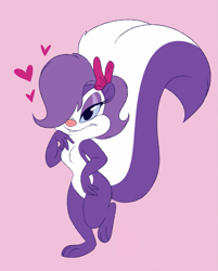 Size: 1045x1300 | Tagged: safe, artist:cachicabra, fifi la fume (tiny toon adventures), mammal, skunk, anthro, tiny toon adventures, warner brothers, 2d, female, front view, heart, looking at you, pink background, simple background, smiling, smiling at you, solo, solo female, three-quarter view