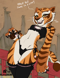 Size: 809x1052 | Tagged: safe, artist:fluff-kevlar, master tigress (kung fu panda), big cat, feline, mammal, tiger, anthro, dreamworks animation, kung fu panda, 2022, belly button, bra, breasts, cat lingerie, clothes, dialogue, female, fur, leaning back, legwear, lingerie, looking at you, open mouth, panties, pose, sharp teeth, small breasts, solo, solo female, stockings, striped body, striped fur, tail, talking, talking to viewer, teeth, text, thighs, tongue, underwear, wide hips