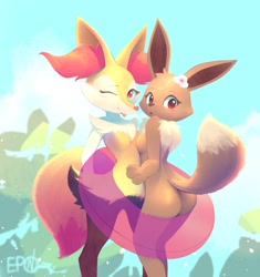 Size: 1234x1310 | Tagged: safe, artist:b-epon, braixen, eevee, eeveelution, fictional species, mammal, anthro, nintendo, pokémon, 2022, breasts, butt, duo, duo female, ear fluff, featureless breasts, female, females only, fluff, inner tube, looking back, neck fluff, nudity, starter pokémon, tail, tube