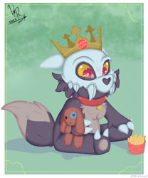 Size: 1065x1280 | Tagged: safe, artist:w-ry, king (the owl house), fictional species, lagomorph, mammal, rabbit, semi-anthro, burger king, disney, the owl house, spoiler, spoiler:the owl house, 2022, 2d, bone, collar, crown, food, francois (the owl house), french fries, front view, headwear, horns, jewelry, male, plushie, regalia, sitting, skull, solo, solo male, three-quarter view, titan, young