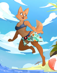 Size: 1006x1280 | Tagged: safe, artist:zinnick, diane foxington (the bad guys), canine, fox, mammal, anthro, digitigrade anthro, dreamworks animation, the bad guys, 2022, beach, bikini, blue bikini, blue swimsuit, clothes, cloud, detailed background, digital art, ears, eyelashes, female, fur, ocean, palm tree, piercing, pink nose, plant, sand, sarong, sky, solo, solo female, swimsuit, tail, thighs, tree, vixen, water, wide hips
