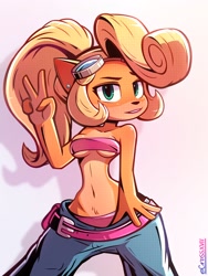 Size: 1536x2048 | Tagged: safe, artist:crossxvii, coco bandicoot (crash bandicoot), bandicoot, mammal, marsupial, anthro, crash bandicoot (series), artist name, belly button, belt, blonde hair, bottomwear, breasts, cleavage, clothes, clothing pull, countershade torso, countershading, ear piercing, eyewear, eyewear on head, female, fur, gesture, goggles, goggles on head, green eyes, hair, long hair, looking at you, medium breasts, multicolored body, multicolored face, multicolored skin, orange body, orange skin, panties, pants, piercing, pink clothing, pink panties, pink underwear, shadow, simple background, skin, smiling, smiling at you, solo, solo female, standing, tan body, tan countershading, tan fur, tan skin, three-quarter view, two toned body, underwear, v sign