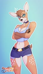 Size: 2040x3530 | Tagged: safe, artist:roaringlycanart, cervid, deer, mammal, anthro, abstract background, adorasexy, arm under breasts, belly button, big breasts, bottomwear, breasts, brown nose, choker, cleavage, clothes, crop top, crossed arms, curvy, cute, doe, ear piercing, earring, female, fingerless (marking), fluff, fur, glasses, gloves (arm marking), gradient background, green eyes, hair, jean shorts, meganekko, midriff, nipple outline, pale belly, piercing, sexy, shirt, short hair, short shorts, short tail, shorts, shoulder fluff, solo, solo female, spots, spotted fur, tail, thighs, topwear