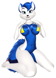 Size: 1280x1766 | Tagged: suggestive, artist:tetramundo, canine, fox, mammal, anthro, digitigrade anthro, 2022, 3d, belly button, bikini, black nose, breasts, clothes, digital art, ears, eyelashes, female, hair, kneeling, looking at you, micro bikini, open mouth, pose, solo, solo female, swimsuit, thighs, tongue, vixen, wide hips