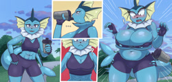 Size: 1280x614 | Tagged: suggestive, artist:nineka, eeveelution, fictional species, mammal, vaporeon, anthro, nintendo, pokémon, 2022, abs, bedroom eyes, belly, belly expansion, big breasts, black nose, blushing, bottomwear, breast expansion, breasts, clothes, comic, detailed background, digital art, drinking, ears, expansion, eyelashes, female, fingerless gloves, fins, fur, gloves, hand on hip, looking down, muscles, muscular female, open mouth, pose, shocked, shorts, slightly chubby, sports bra, sports shorts, sweat, tail, thigh expansion, thighs, tongue, topwear, torn clothes, water bottle, weight gain, wide hips