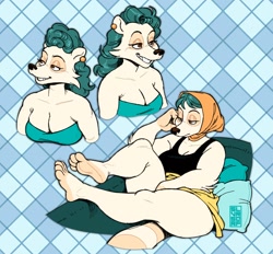 Size: 1400x1300 | Tagged: safe, artist:silverscarf, oc, oc:rosie oakley, mammal, procyonid, raccoon, anthro, barefoot, bedroom eyes, big breasts, breasts, cleavage, ear piercing, feet, female, piercing, smiling, soles, solo, solo female, thick thighs, thighs, toes, wide hips