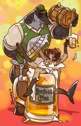 Size: 1280x1976 | Tagged: suggestive, artist:zummeng, oc, oc:mathias krieger von weltmeer (zummeng), oc:nora (zummeng), fish, hyena, mammal, shark, anthro, alcohol, barefoot, barrel, beer, beer mug, big breasts, breasts, drink, duo, eyes closed, feet, female, male, nudity, open mouth, open smile, partially submerged, sharp teeth, smiling, soles, strategically covered, teeth, thick thighs, thighs, toes