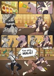 Size: 1003x1400 | Tagged: safe, artist:sunny way, oc, oc only, canine, hyena, mammal, wolf, anthro, artwork, bar, blushing, butt, comic, comic commission, comic page, commission, digital art, drunk, duo, feminine, flirting, funny, latex, laughing, love, male, paws, shoked, steampunk, trap