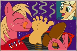 Size: 3009x1980 | Tagged: suggestive, artist:darienspeyer, applejack (mlp), big macintosh (mlp), anthro, friendship is magic, hasbro, my little pony, barefoot, eyes closed, feet, fetish, foot fetish, foot focus, holiday, one shoe off, open mouth, smelly feet, sniffing, stinky feet, tickle fetish, tickling, toes, united states of america, wiggling toes