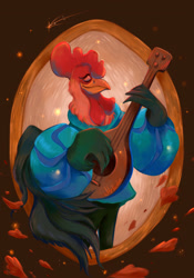 Size: 2049x2927 | Tagged: safe, artist:mellodee, alan-a-dale (robin hood), bird, chicken, anthro, disney, robin hood (disney), 2d, eyes closed, lute, male, rooster, smiling, solo, solo male