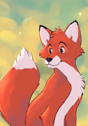 Size: 800x1143 | Tagged: safe, artist:mellodee, tod (the fox and the hound), canine, fox, mammal, red fox, feral, disney, the fox and the hound, 2d, jpg, male, sitting, smiling, solo, solo male