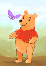 Size: 800x1143 | Tagged: safe, artist:mellodee, winnie-the-pooh (winnie-the-pooh), arthropod, bear, butterfly, insect, mammal, semi-anthro, disney, winnie-the-pooh, 2d, male, smiling, solo, solo male