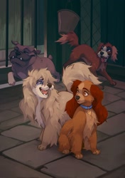 Size: 1522x2160 | Tagged: safe, artist:reysi, lady (lady and the tramp), peg (lady and the tramp), canine, cocker spaniel, dog, mammal, spaniel, feral, disney, lady and the tramp, 2022, 2d, female, group, male, pekingese