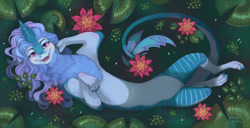 Size: 1280x657 | Tagged: safe, artist:ketti-murr, sisu (raya and the last dragon), dragon, eastern dragon, fictional species, furred dragon, feral, disney, raya and the last dragon, 2022, 2d, female, flower, lilypad, looking at you, open mouth, open smile, plant, smiling, smiling at you, solo, solo female