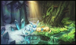 Size: 1500x883 | Tagged: safe, artist:whisperingfornothing, eeveelution, fictional species, glaceon, leafeon, mammal, feral, nintendo, pokémon, 2020, ambiguous gender, ambiguous only, awww, black nose, commission, creek, crystal, cuddle, cute, detailed background, digital art, duo, duo ambiguous, ears, eyelashes, eyes closed, flower, forest, fur, gemstone, grass, hair, head to head, ice, loafing, lying down, moss, mushroom, particles, paws, plant, prone, rainbow, reflection, river, side view, sleeping, sleeping together, snow, socks (leg marking), splash, sunbeam, sunlight, tail, thighs, tree, water, water ripple, wildflowers