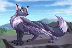 Size: 1200x800 | Tagged: safe, artist:aluxor, oc, oc only, oc:luna the enfield, bird, canine, enfield, fictional species, fox, mammal, feral, art fight, 2022, artfight2022, black nose, chest fluff, ear fluff, ear piercing, earring, female, fluff, piercing, scenery, signature, solo, solo female, standing, tail, tail fluff, whiskers, wings