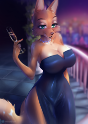 Size: 744x1048 | Tagged: safe, artist:kiwanoni, diane foxington (the bad guys), canine, fox, mammal, anthro, dreamworks animation, the bad guys, 2022, bedroom eyes, big breasts, breasts, champagne glass, cleavage, clothes, dress, ear fluff, female, fluff, green eyes, jewelry, necklace, piercing, solo, solo female, tail, tail fluff