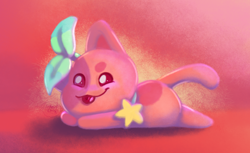 Size: 1000x613 | Tagged: safe, artist:allyclaw, cat, feline, fictional species, mammal, monster, undead, wither, art fight, minecraft, artfight2022, artwork, bloom, chibi, cute, fighting, food, lineless, lying down, neopet, red, sprot, sprout, tomato