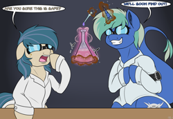 Size: 2315x1600 | Tagged: safe, artist:novaspark, oc, oc only, oc:data stream, oc:nova spark, equine, fictional species, mammal, pony, tatzlpony, feral, friendship is magic, hasbro, my little pony, clothes, goggles, grin, lab coat, potion, science, this will end in science